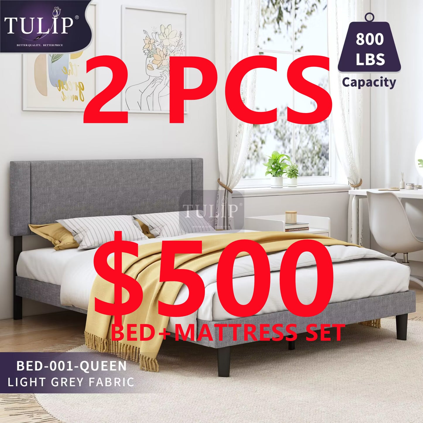 $500█♣█ TULIP® BRAND NEW FABRIC BED+PILLOWTOP MATTRESS 2PCS COMBO SET!QUEEN SIZE!