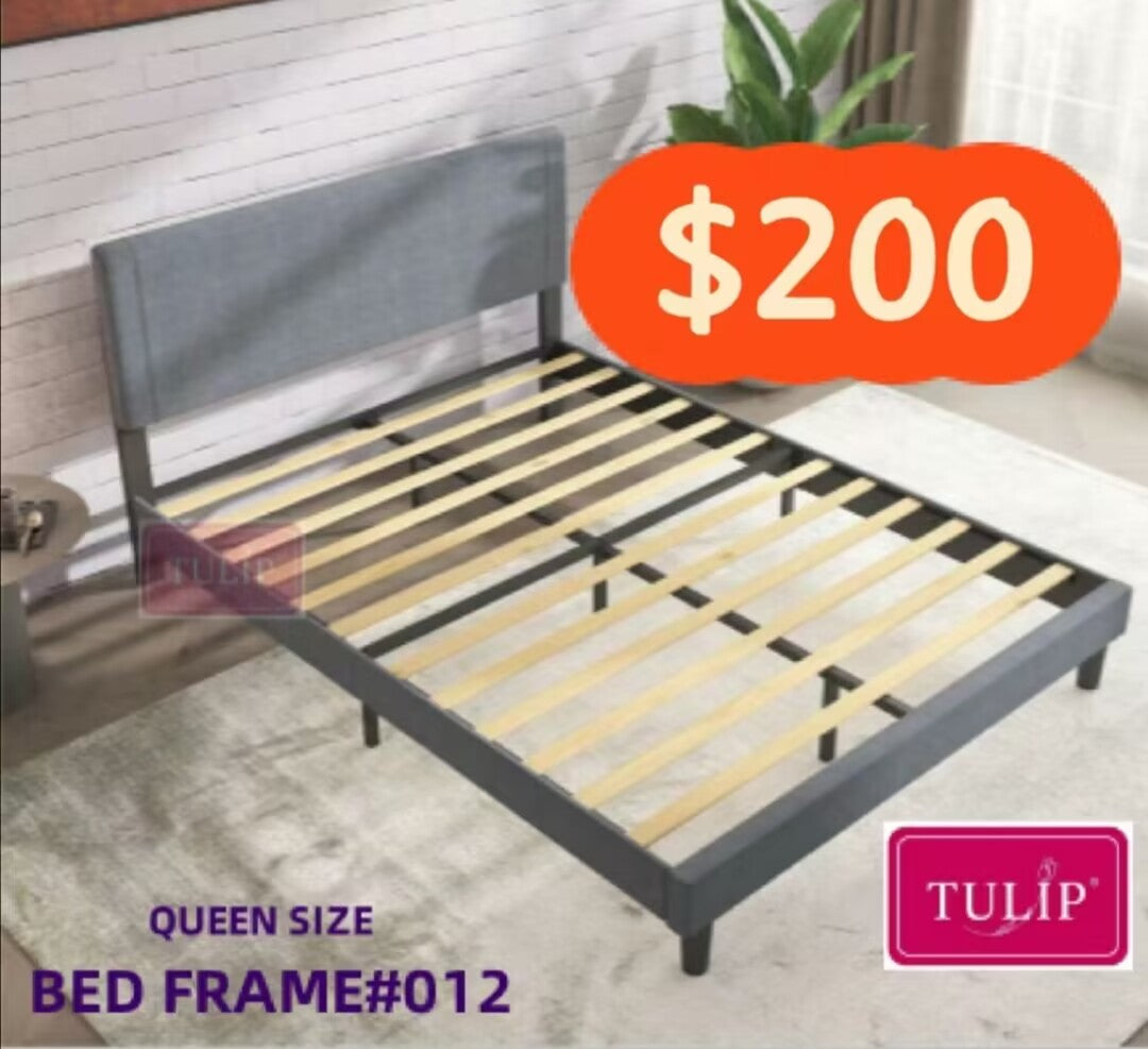 $200 Tulip® brand new light grey fabric bed frame#012~queen size~no boxspring required!